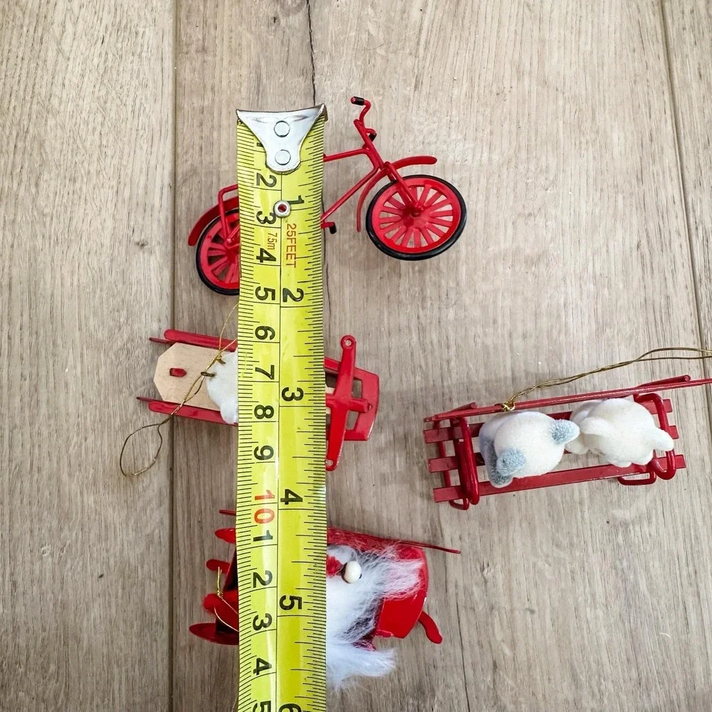 VTG Lot 4 Red Metal Christmas Ornaments Flocked Teddy Bears Sled Bench Bike Avon